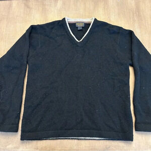 Woolrich Men’s Wool Blend V-Neck Sweater Size M Black with Tan contrast